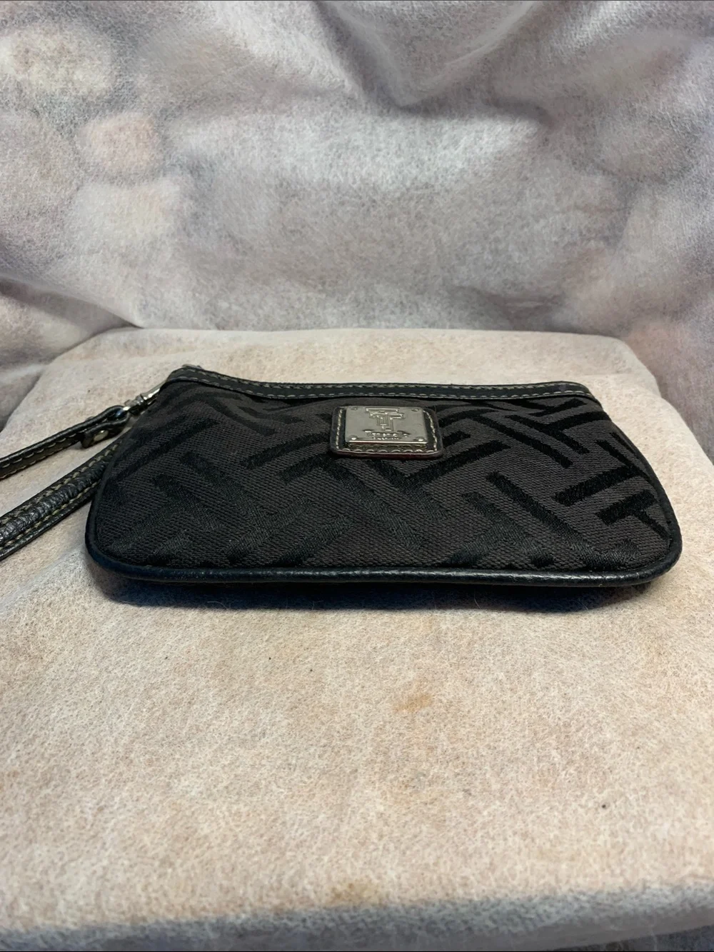 Tignanello Black Monogram Jacquard  Patterned Wristlet/ Clutch With Leather Trim